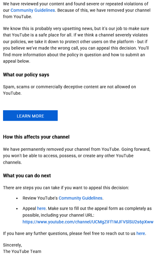 youtube channel wrongfully terminated notification